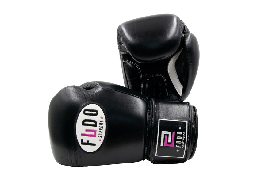 FUDO Supreme Black Leather Velcro Muay Thai Kickboxing Gloves